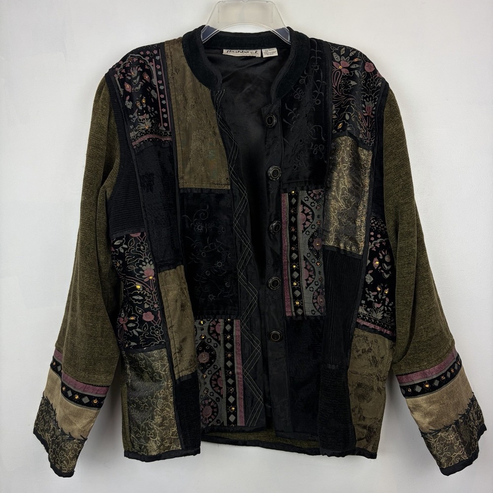 Vintage Tapestry Blazer Women Large Velvet Button Statement Jacket 90s Patchwork